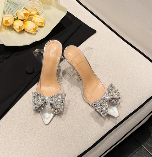 Slingback Crystal Bowknot Pumps for Women - Elegant Pointed Toe Heels for Weddings and Prom